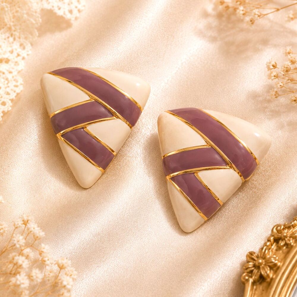 Vintage Purple Enamel Triangle Clip On Earrings Gold Tone Retro